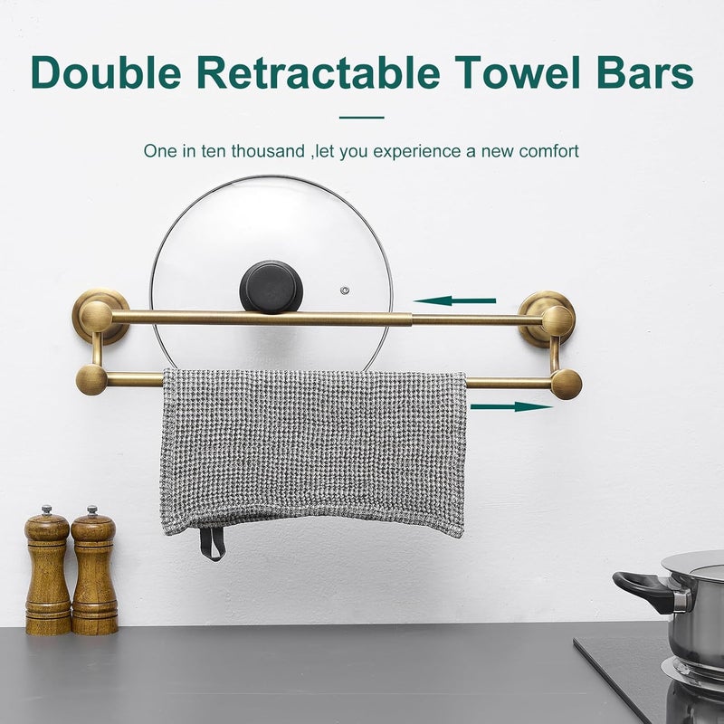 Hoimpro Adjustable Retractable 15-27 Inches Stainless Steel Bathroom Towel Bar, Bathroom Accessories Bath Hotel Double Towel Bar Rod Hanger Wall Mounted Towel Holder Towel Rack, Antique Brass - Image 2